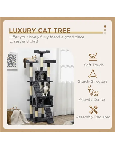 PawHut 173cm Cat Tree Scratching House, Activity Play Centre, Charcoal Grey