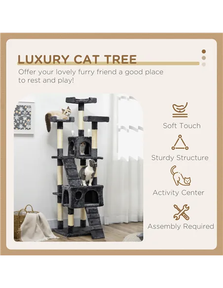 PawHut 173cm Cat Tree Scratching House, Activity Play Centre, Charcoal Grey