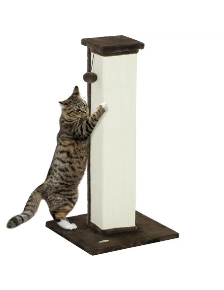 PawHut 81cm Cat Scratcher, Vertical Full Scratcher w/ Natural Sisal Rope, Hanging Ball, Soft Plush - Brown