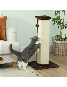 PawHut 81cm Cat Scratcher, Vertical Full Scratcher w/ Natural Sisal Rope, Hanging Ball, Soft Plush - Brown 2
