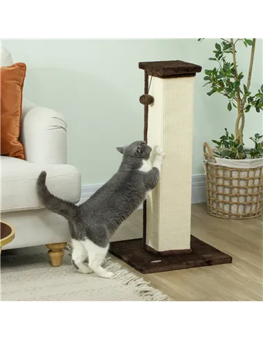 PawHut 81cm Cat Scratcher, Vertical Full Scratcher w/ Natural Sisal Rope, Hanging Ball, Soft Plush - Brown