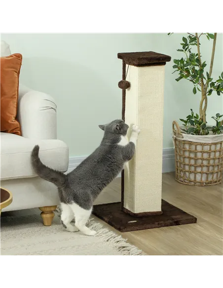 PawHut 81cm Cat Scratcher, Vertical Full Scratcher w/ Natural Sisal Rope, Hanging Ball, Soft Plush - Brown