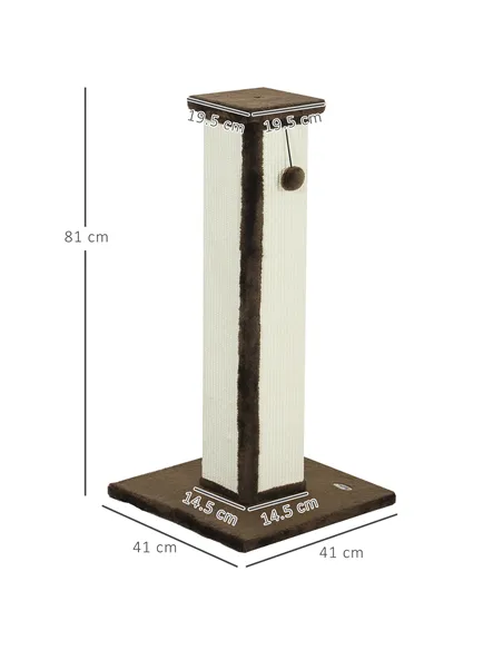 PawHut 81cm Cat Scratcher, Vertical Full Scratcher w/ Natural Sisal Rope, Hanging Ball, Soft Plush - Brown