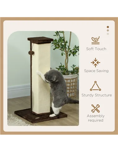 PawHut 81cm Cat Scratcher, Vertical Full Scratcher w/ Natural Sisal Rope, Hanging Ball, Soft Plush - Brown