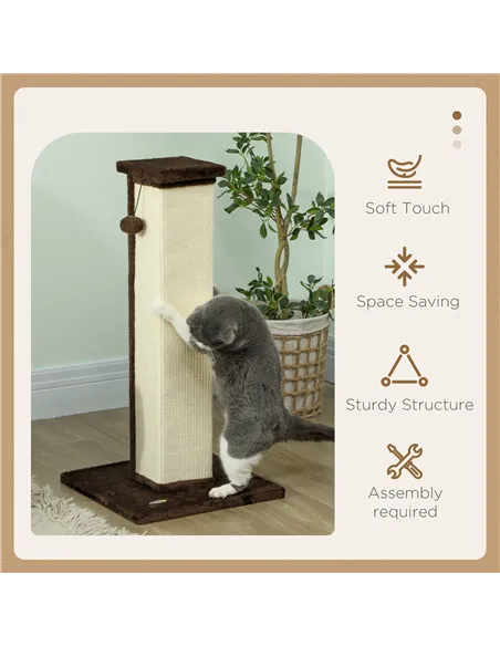 PawHut 81cm Cat Scratcher, Vertical Full Scratcher w/ Natural Sisal Rope, Hanging Ball, Soft Plush - Brown