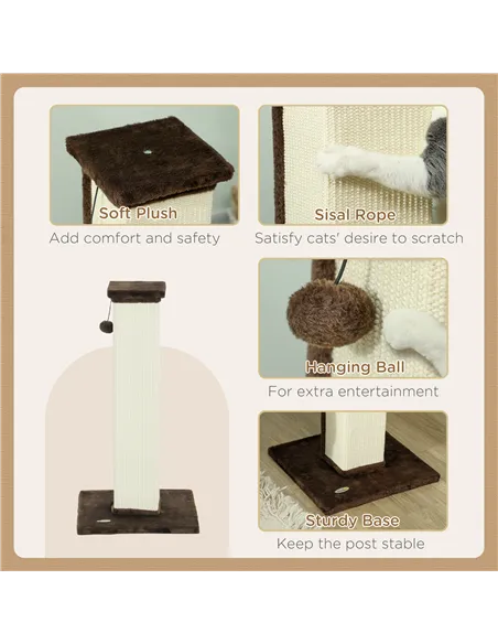 PawHut 81cm Cat Scratcher, Vertical Full Scratcher w/ Natural Sisal Rope, Hanging Ball, Soft Plush - Brown