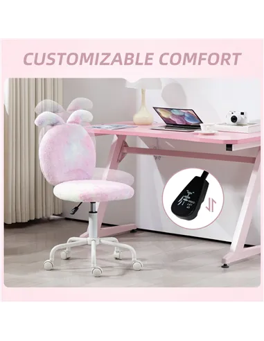 HOMCOM Fuzzy Office Chair with Bunny Ears, Faux Fur Swivel Desk Chair, Armless Makeup Vanity Chair with Adjustable Height for Be