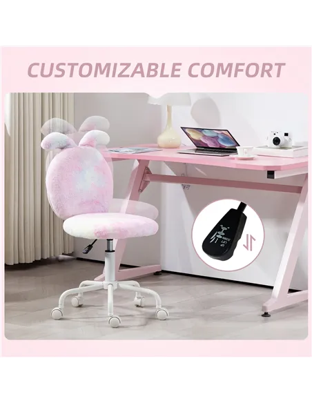 HOMCOM Fuzzy Office Chair with Bunny Ears, Faux Fur Swivel Desk Chair, Armless Makeup Vanity Chair with Adjustable Height for Be