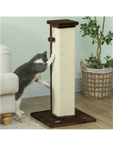 PawHut 81cm Cat Scratcher, Vertical Full Scratcher w/ Natural Sisal Rope, Hanging Ball, Soft Plush - Brown
