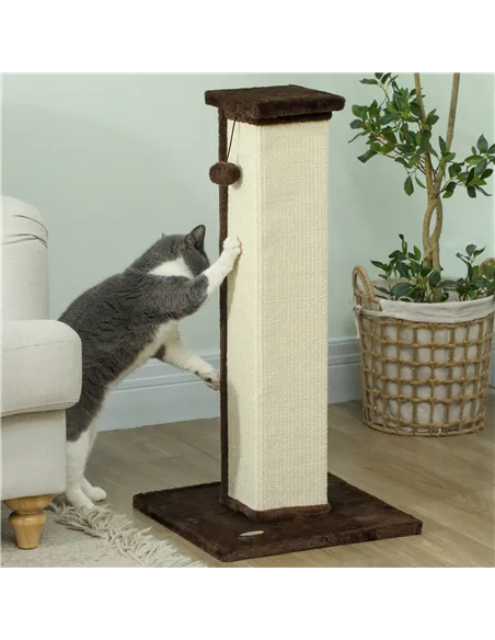 PawHut 81cm Cat Scratcher, Vertical Full Scratcher w/ Natural Sisal Rope, Hanging Ball, Soft Plush - Brown