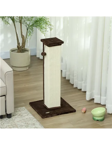 PawHut 81cm Cat Scratcher, Vertical Full Scratcher w/ Natural Sisal Rope, Hanging Ball, Soft Plush - Brown