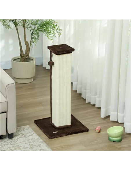 PawHut 81cm Cat Scratcher, Vertical Full Scratcher w/ Natural Sisal Rope, Hanging Ball, Soft Plush - Brown