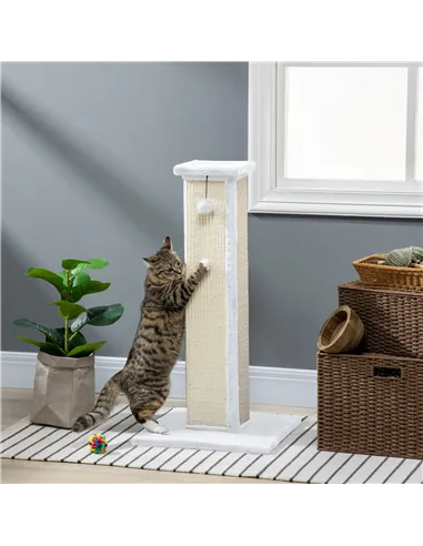 PawHut 81cm Cat Scratcher, Vertical Full Scratcher w/ Natural Sisal Rope, Hanging Ball, Soft Plush - White