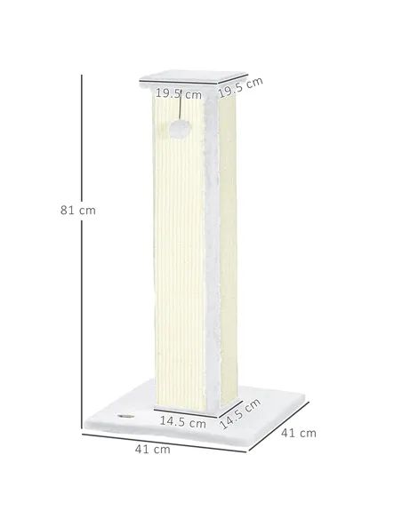 PawHut 81cm Cat Scratcher, Vertical Full Scratcher w/ Natural Sisal Rope, Hanging Ball, Soft Plush - White
