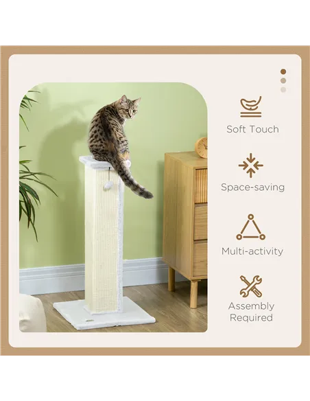PawHut 81cm Cat Scratcher, Vertical Full Scratcher w/ Natural Sisal Rope, Hanging Ball, Soft Plush - White