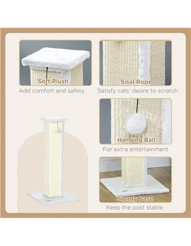 PawHut 81cm Cat Scratcher, Vertical Full Scratcher w/ Natural Sisal Rope, Hanging Ball, Soft Plush - White