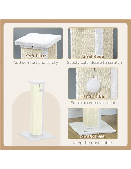 PawHut 81cm Cat Scratcher, Vertical Full Scratcher w/ Natural Sisal Rope, Hanging Ball, Soft Plush - White