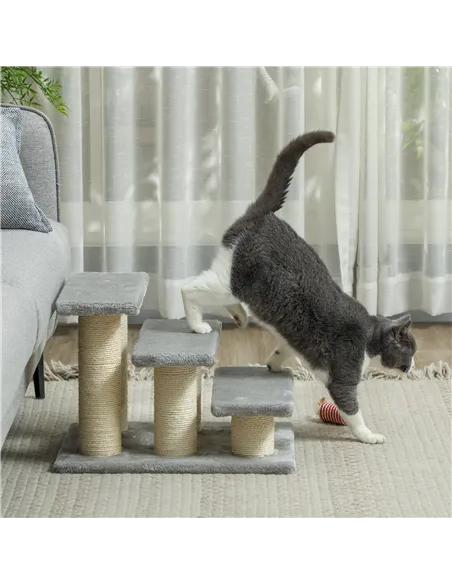 PawHut Pet Stairs 3-step Pet Ladder Cat dog Stairs Climb Ladder Cat Tree, Grey