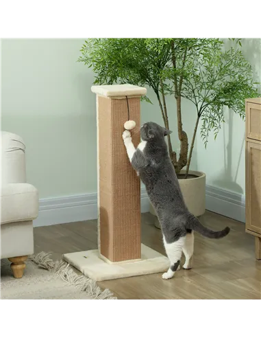 PawHut 81cm Cat Scratcher, Vertical Full Scratcher w/ Natural Jute Rope, Hanging Ball, Soft Plush - Beige