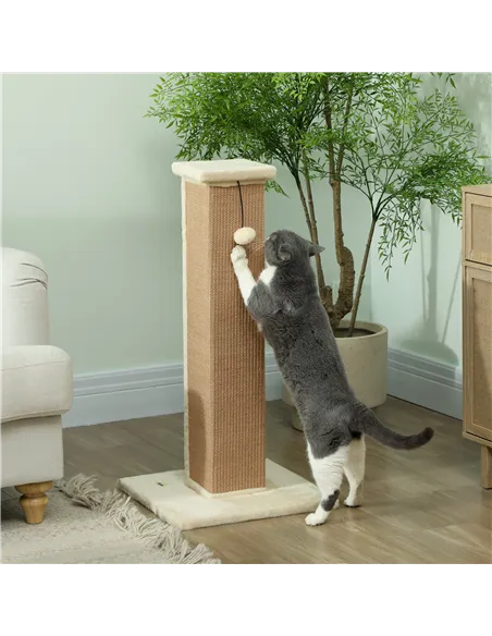 PawHut 81cm Cat Scratcher, Vertical Full Scratcher w/ Natural Jute Rope, Hanging Ball, Soft Plush - Beige