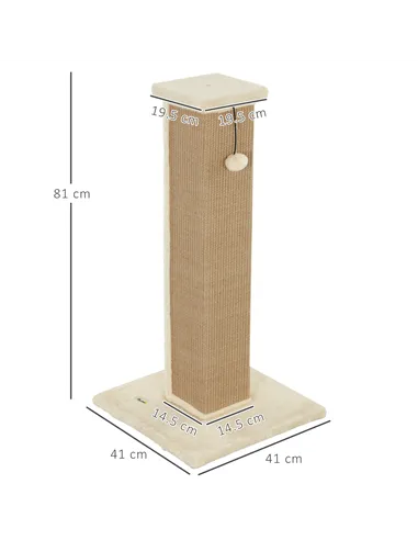 PawHut 81cm Cat Scratcher, Vertical Full Scratcher w/ Natural Jute Rope, Hanging Ball, Soft Plush - Beige
