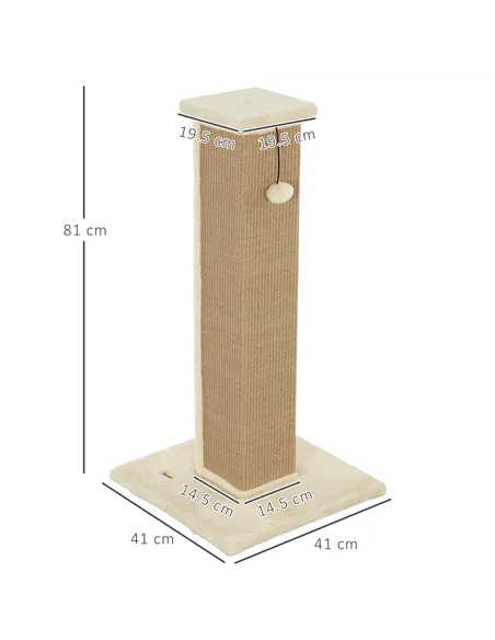 PawHut 81cm Cat Scratcher, Vertical Full Scratcher w/ Natural Jute Rope, Hanging Ball, Soft Plush - Beige