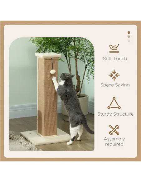 PawHut 81cm Cat Scratcher, Vertical Full Scratcher w/ Natural Jute Rope, Hanging Ball, Soft Plush - Beige