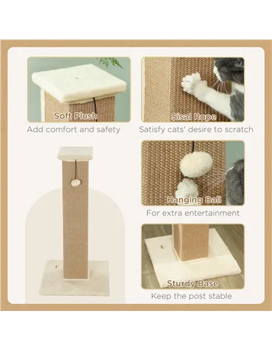 PawHut 81cm Cat Scratcher, Vertical Full Scratcher w/ Natural Jute Rope, Hanging Ball, Soft Plush - Beige