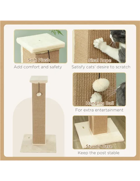 PawHut 81cm Cat Scratcher, Vertical Full Scratcher w/ Natural Jute Rope, Hanging Ball, Soft Plush - Beige