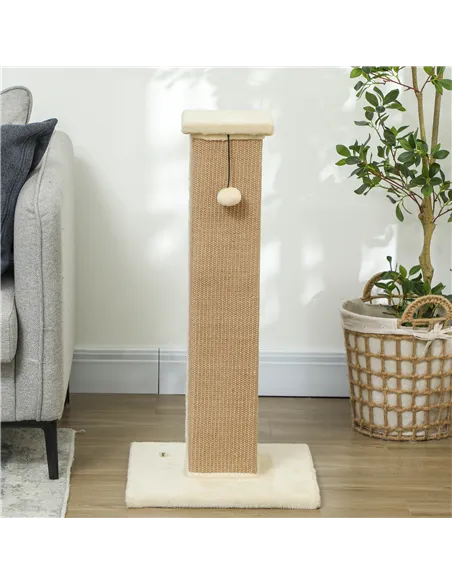 PawHut 81cm Cat Scratcher, Vertical Full Scratcher w/ Natural Jute Rope, Hanging Ball, Soft Plush - Beige