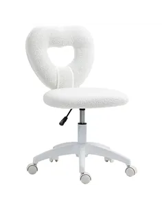 HOMCOM Armless Heart Computer Desk Chair, Teddy Fleece Swivel Office Chair, Makeup Vanity Chair with Height Adjustable, Wheels, 