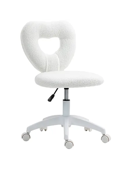 HOMCOM Armless Heart Computer Desk Chair, Teddy Fleece Swivel Office Chair, Makeup Vanity Chair with Height Adjustable, Wheels, 