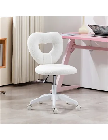 HOMCOM Armless Heart Computer Desk Chair, Teddy Fleece Swivel Office Chair, Makeup Vanity Chair with Height Adjustable, Wheels, 