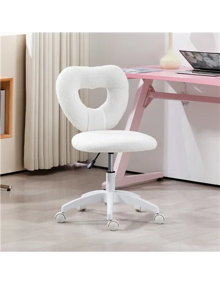 HOMCOM Armless Heart Computer Desk Chair, Teddy Fleece Swivel Office Chair, Makeup Vanity Chair with Height Adjustable, Wheels, 