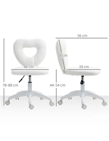 HOMCOM Armless Heart Computer Desk Chair, Teddy Fleece Swivel Office Chair, Makeup Vanity Chair with Height Adjustable, Wheels, 
