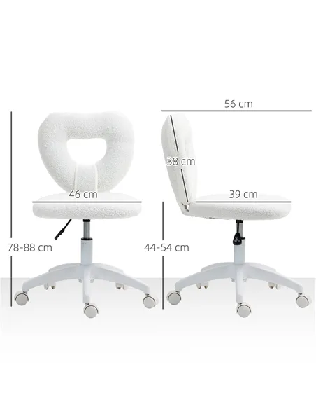 HOMCOM Armless Heart Computer Desk Chair, Teddy Fleece Swivel Office Chair, Makeup Vanity Chair with Height Adjustable, Wheels, 