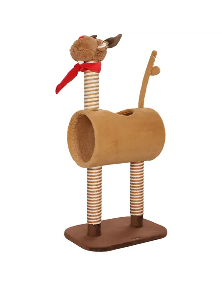PawHut 98cm Deer-Designed Cat Tree with Scratching Posts, Toy Ball, Tunnel, Brown