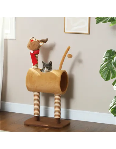 PawHut 98cm Deer-Designed Cat Tree with Scratching Posts, Toy Ball, Tunnel, Brown