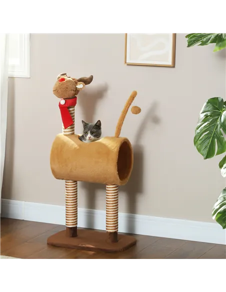 PawHut 98cm Deer-Designed Cat Tree with Scratching Posts, Toy Ball, Tunnel, Brown
