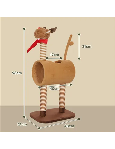 PawHut 98cm Deer-Designed Cat Tree with Scratching Posts, Toy Ball, Tunnel, Brown