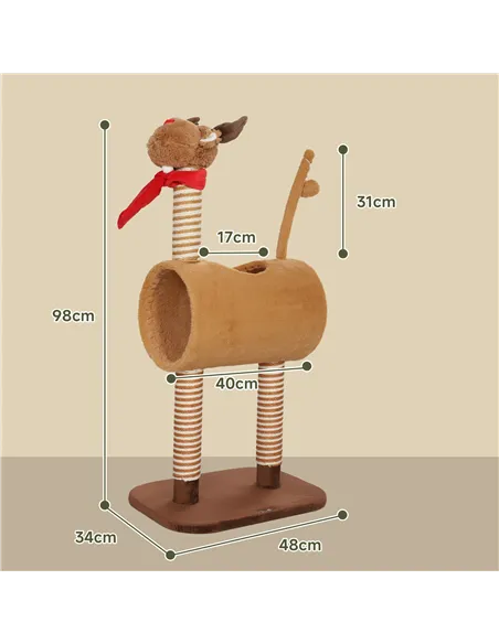PawHut 98cm Deer-Designed Cat Tree with Scratching Posts, Toy Ball, Tunnel, Brown
