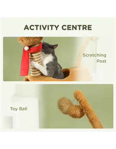 PawHut 98cm Deer-Designed Cat Tree with Scratching Posts, Toy Ball, Tunnel, Brown