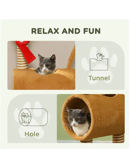 PawHut 98cm Deer-Designed Cat Tree with Scratching Posts, Toy Ball, Tunnel, Brown