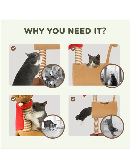 PawHut 98cm Deer-Designed Cat Tree with Scratching Posts, Toy Ball, Tunnel, Brown