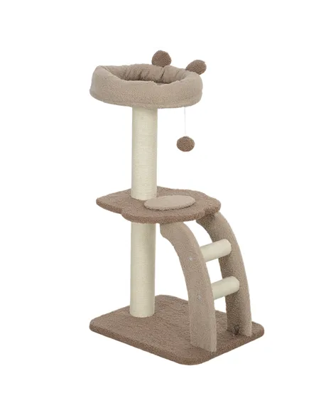 PawHut Cat Tree for Indoor Cats, 88cm Cat Tower with Sisal Scratching Post, Hanging Ball, Large Cat Perch, Stairs, Brown