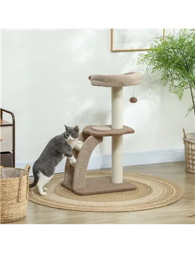 PawHut Cat Tree for Indoor Cats, 88cm Cat Tower with Sisal Scratching Post, Hanging Ball, Large Cat Perch, Stairs, Brown