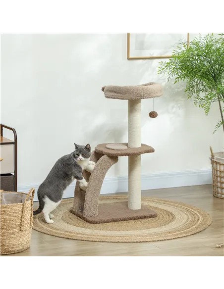 PawHut Cat Tree for Indoor Cats, 88cm Cat Tower with Sisal Scratching Post, Hanging Ball, Large Cat Perch, Stairs, Brown