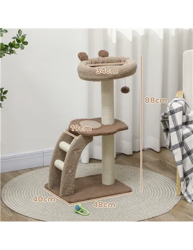PawHut Cat Tree for Indoor Cats, 88cm Cat Tower with Sisal Scratching Post, Hanging Ball, Large Cat Perch, Stairs, Brown