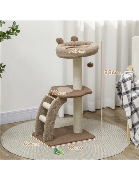 PawHut Cat Tree for Indoor Cats, 88cm Cat Tower with Sisal Scratching Post, Hanging Ball, Large Cat Perch, Stairs, Brown
