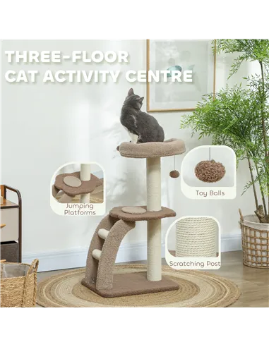 PawHut Cat Tree for Indoor Cats, 88cm Cat Tower with Sisal Scratching Post, Hanging Ball, Large Cat Perch, Stairs, Brown